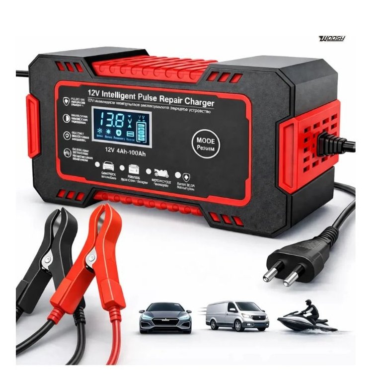 Carregador Inteligente De Bateria Automotiva 12v 6a Bivolt Recupera Baterias 4ah A 100ah Todos Veículos Moto Carro Caminhão Barco